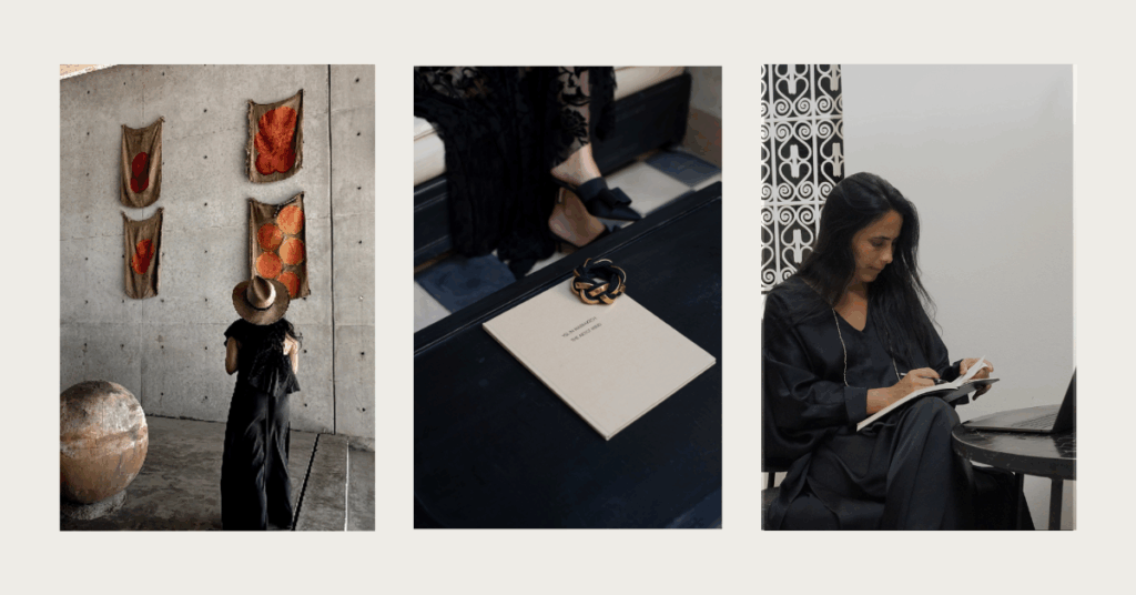 Creative woman exploring art, reflecting and writing in her notebook, representing a thoughtful approach to structuring multiple revenue streams as a creative.