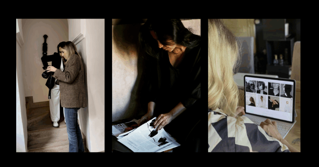 Creative women photographing, reading and curating images on a laptop, representing the quiet power of being known through intentional, signature visibility.