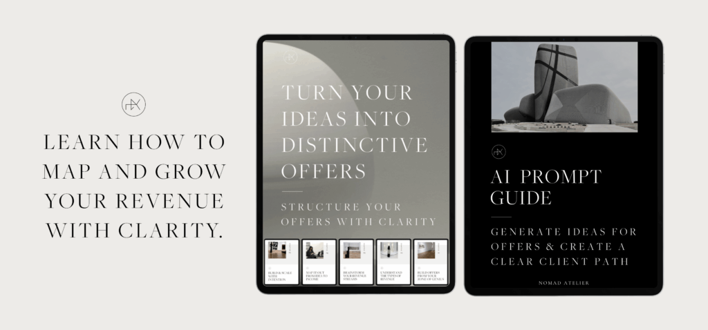 Mockup of the Turn your ideas into distinctive offers guide and AI Prompts Guide, tools to map, structure and grow multiple income streams for creatives.